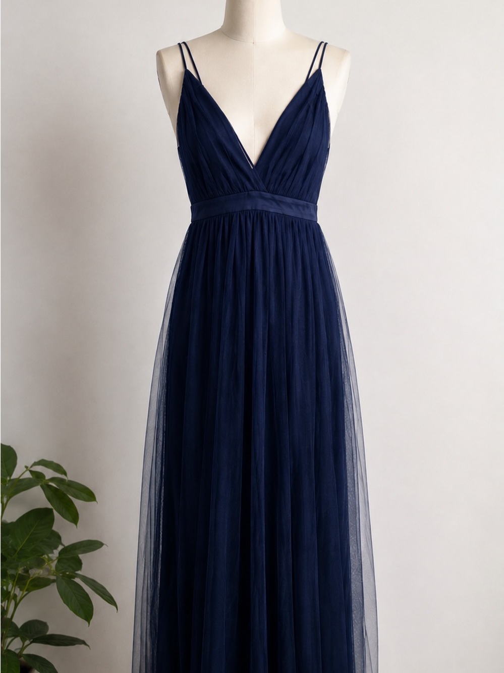 Navy Blue Tulle Maxi Formal Dress – Open Back Evening Gown